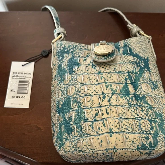 Brahmin Teal and Cream Croc-Embossed Crossbody Bag - Picture 4 of 11